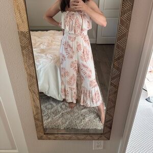 All in Favor Cream and Pink Smocked Jumpsuit